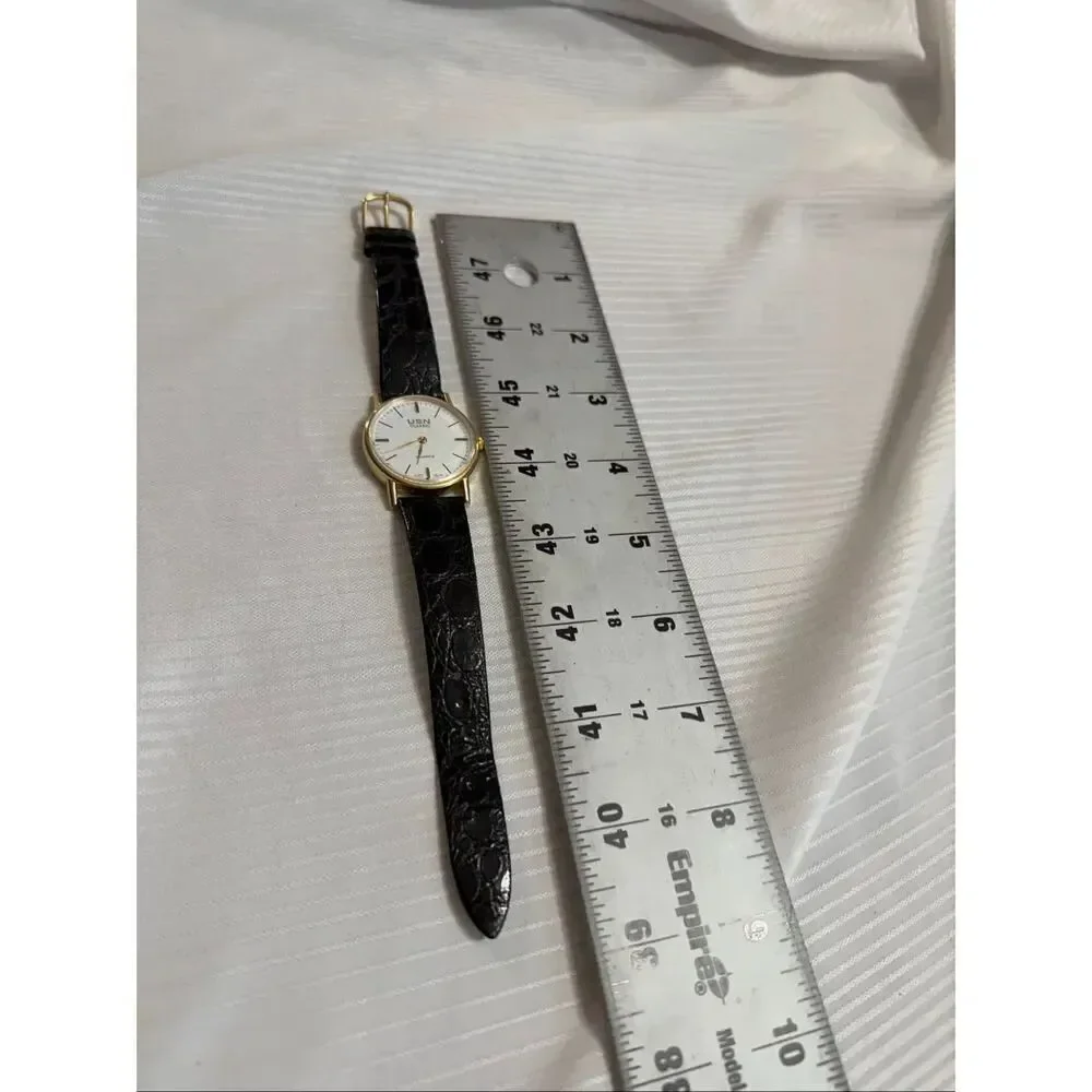 VTG USN Classic Swiss Quartz Watch Men Gold Tone White Leather Analog Needs Batt